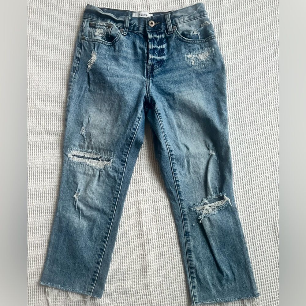 Pistola Distressed Light Wash Button Fly Straight Leg High Rise Crop Jeans SZ 25